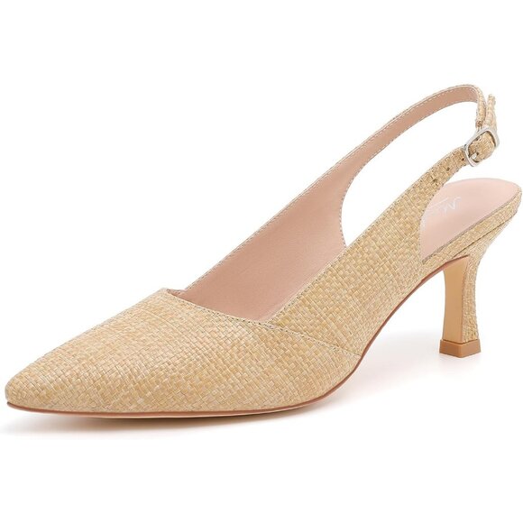 Beige Slingback Women Heels Woven Texture Pointed Toe Dress Mid Heel Pumps - Picture 1 of 9